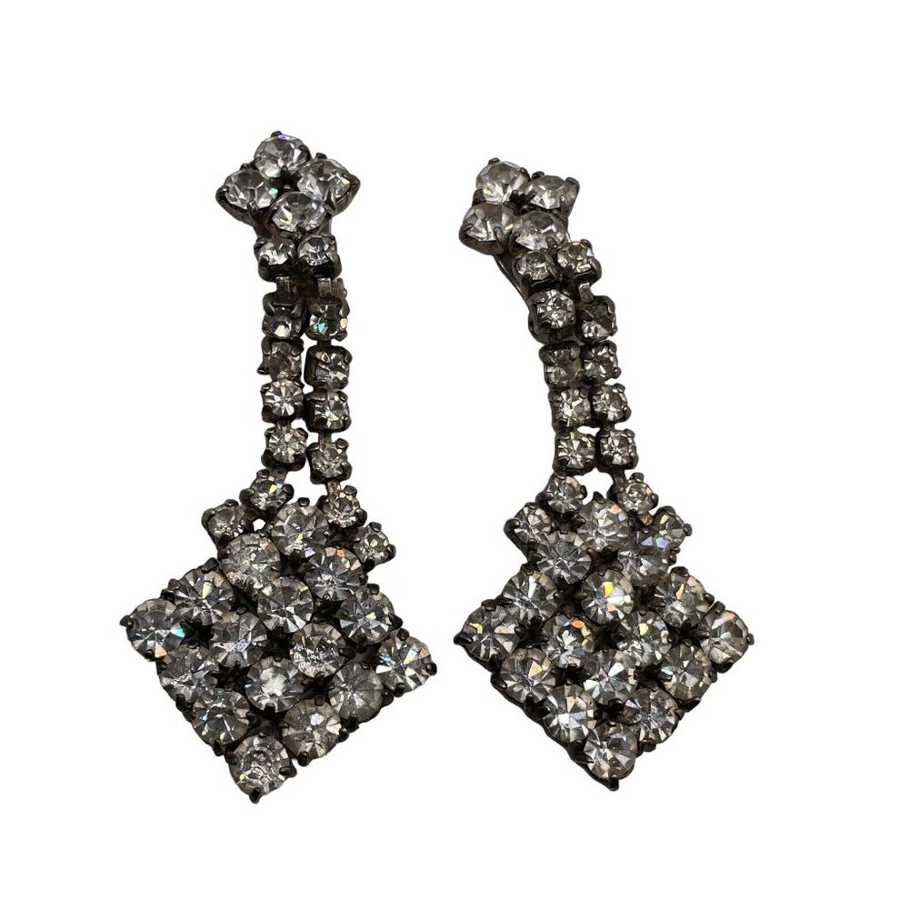 VTG Mid Century Clear Rhinestone Dangle Drop Clip On Earrings Wedding Prom Read